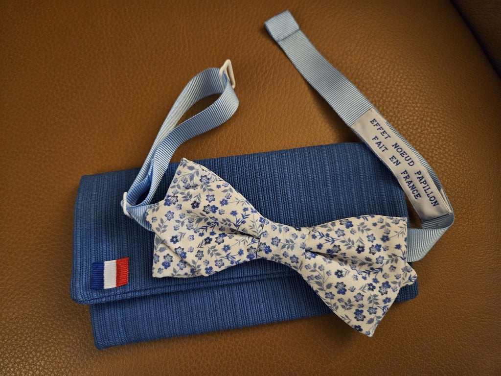 Noeud papillon blanc fleurs bleues - Effet Noeud Pap