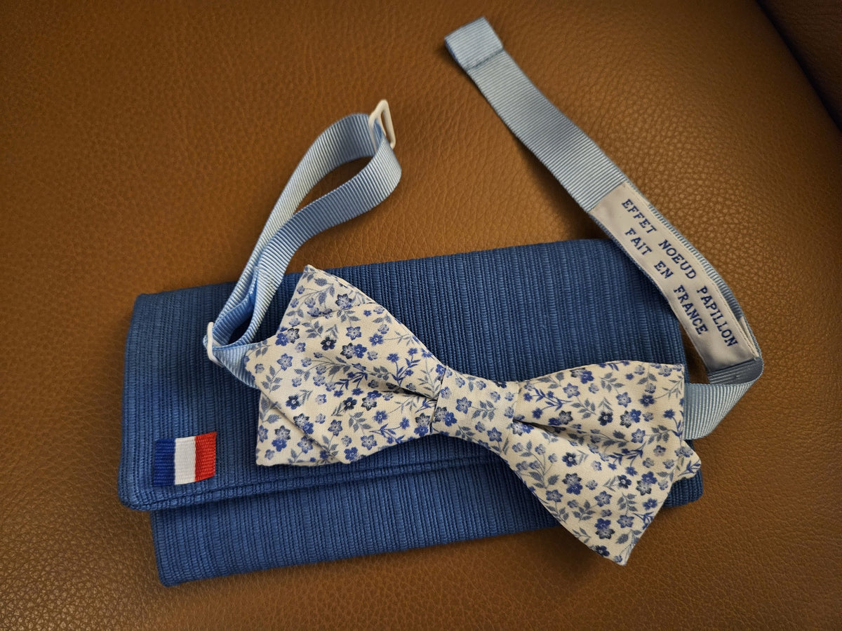 Noeud papillon blanc fleurs bleues - Effet Noeud Pap