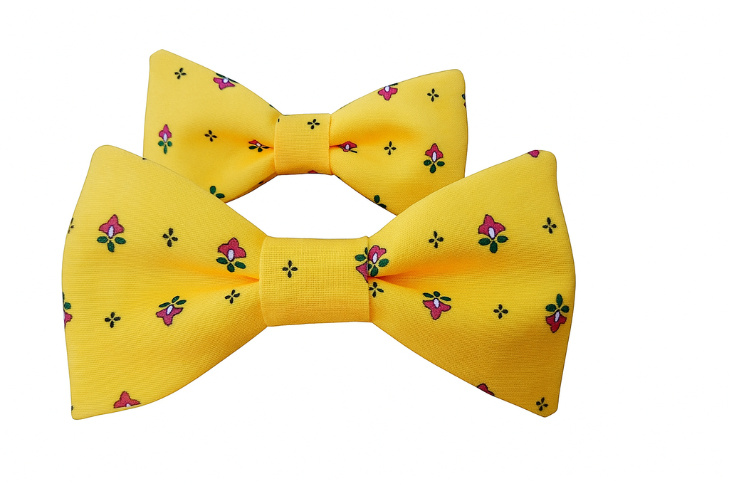 Noeud papillon provençal jaune curcuma calissons rouges