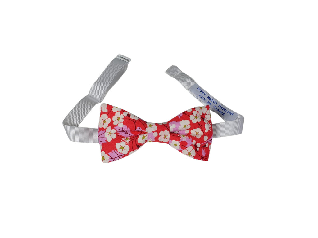 Noeud papillon Liberty corail fleurs blanches avec tour de cou réglable