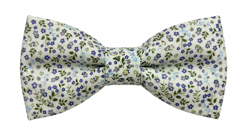 Nœud papillon liberty olive et violet raffiné, parfait pour look bohème.