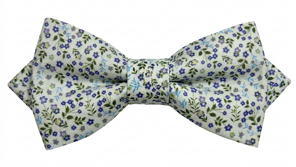 Noeud papillon fleuri vert olive et violet, forme à pointes