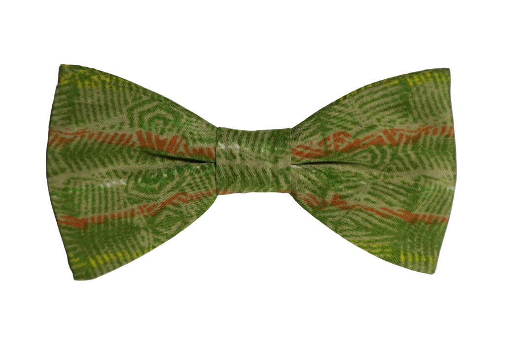 Nœud papillon vert arborant un motif graphique, une fusion artistique de couleurs et de lignes pour un style contemporain et audacieux