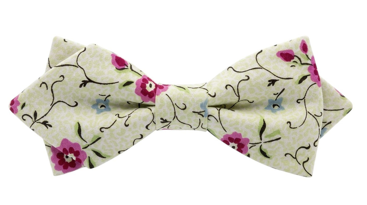 Nœud papillon liberty vert et rose raffiné, parfait pour look bohème.