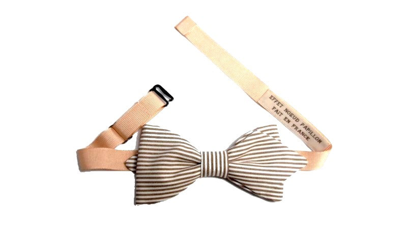 Noeud papillon rayé crème et brun clair - Effet Noeud Pap