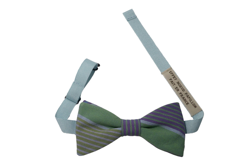 Noeud papillon rayé vert cèdre, violine et bleu - Effet Noeud Pap