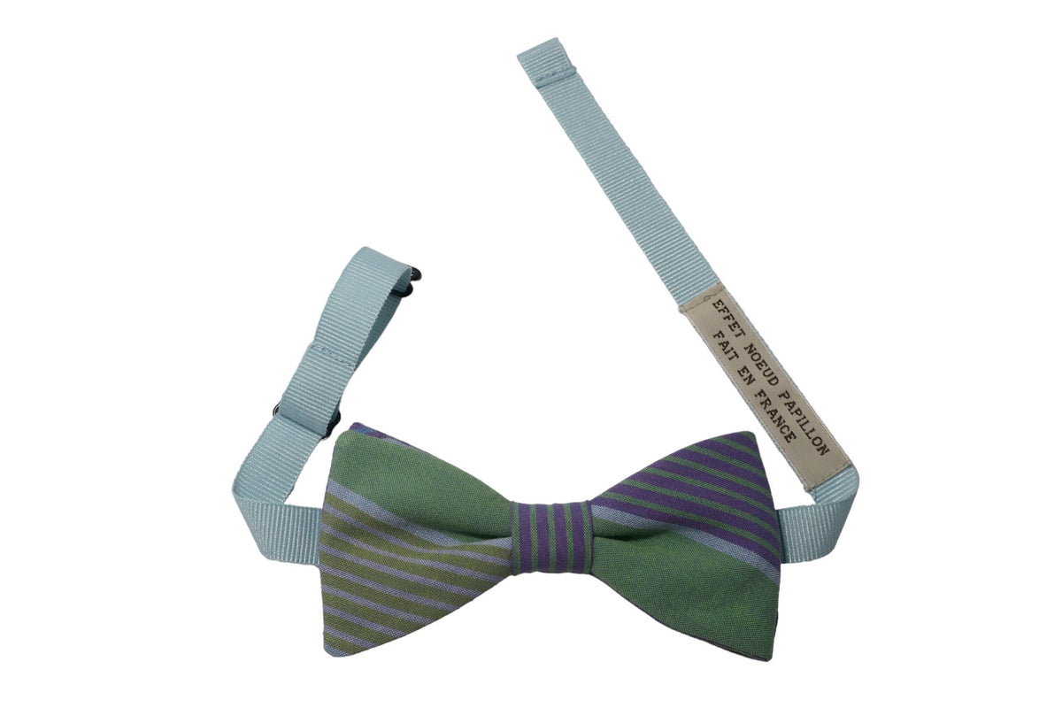 Noeud papillon rayé vert cèdre, violine et bleu - Effet Noeud Pap