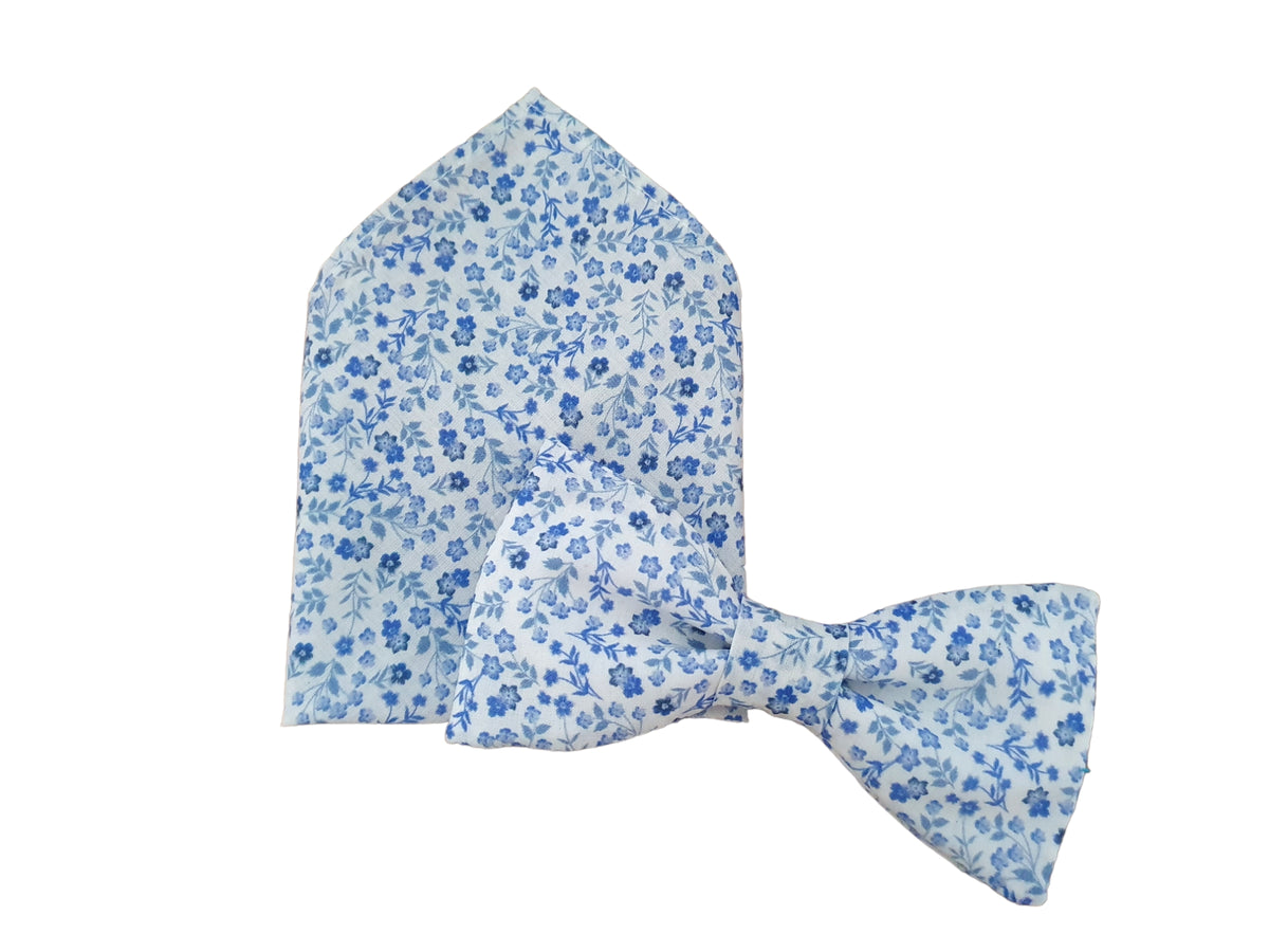 Noeud papillon blanc fleurs bleues - Effet Noeud Pap