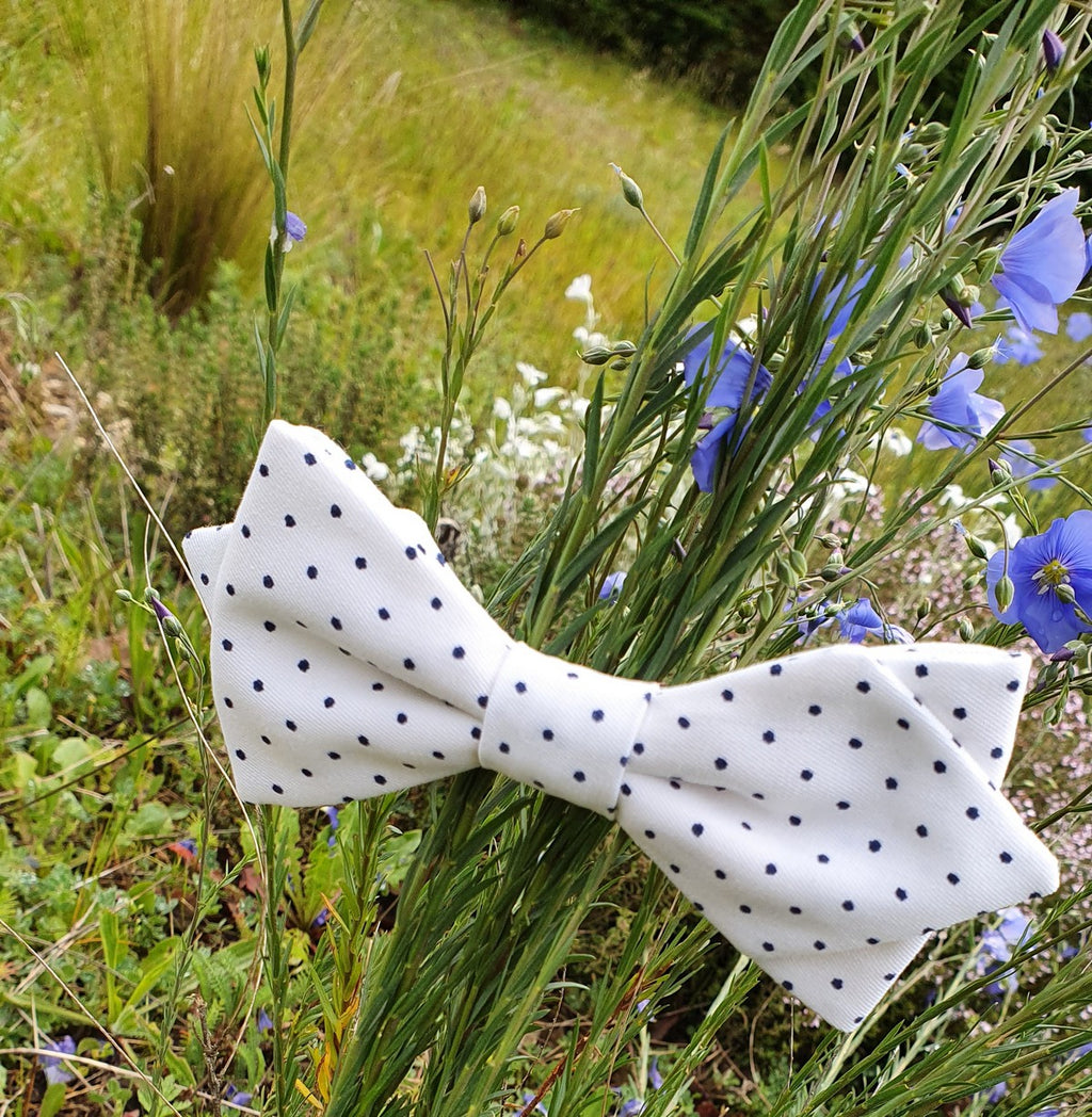 Noeud papillon blanc à pois bleus - Effet Noeud Pap
