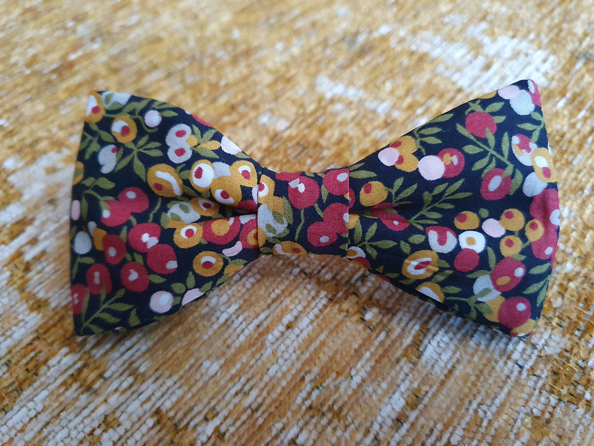 Noeud papillon Liberty bordeaux, moutarde et kaki