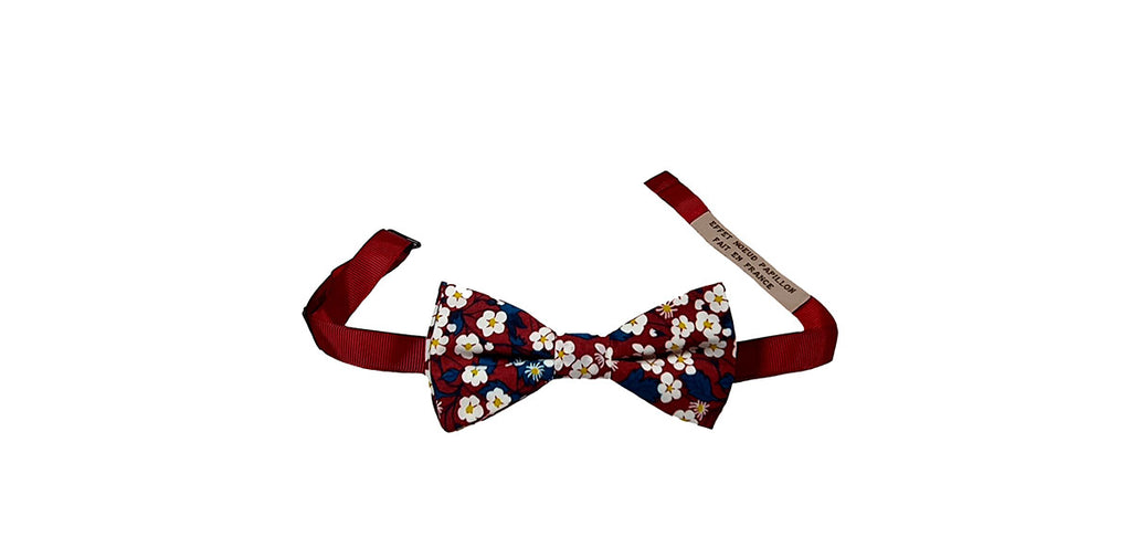 Noeud papillon Liberty bordeaux Mitsi monté sur son tour de cou réglable
