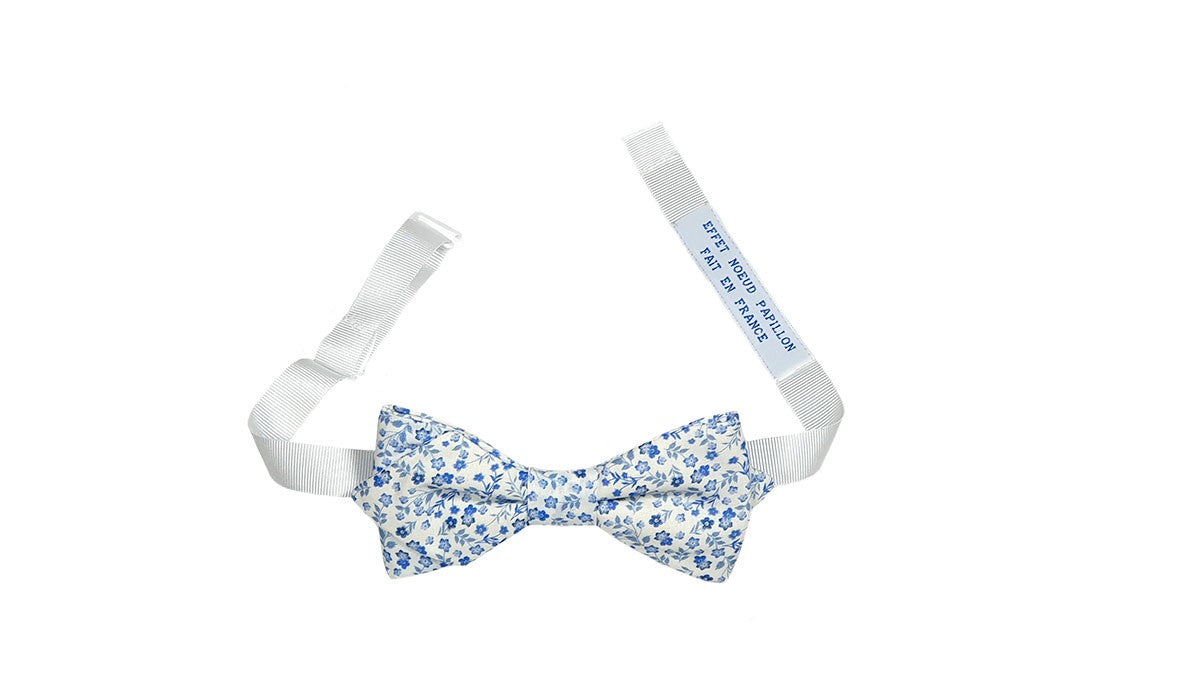Noeud papillon blanc fleurs bleues - Effet Noeud Pap