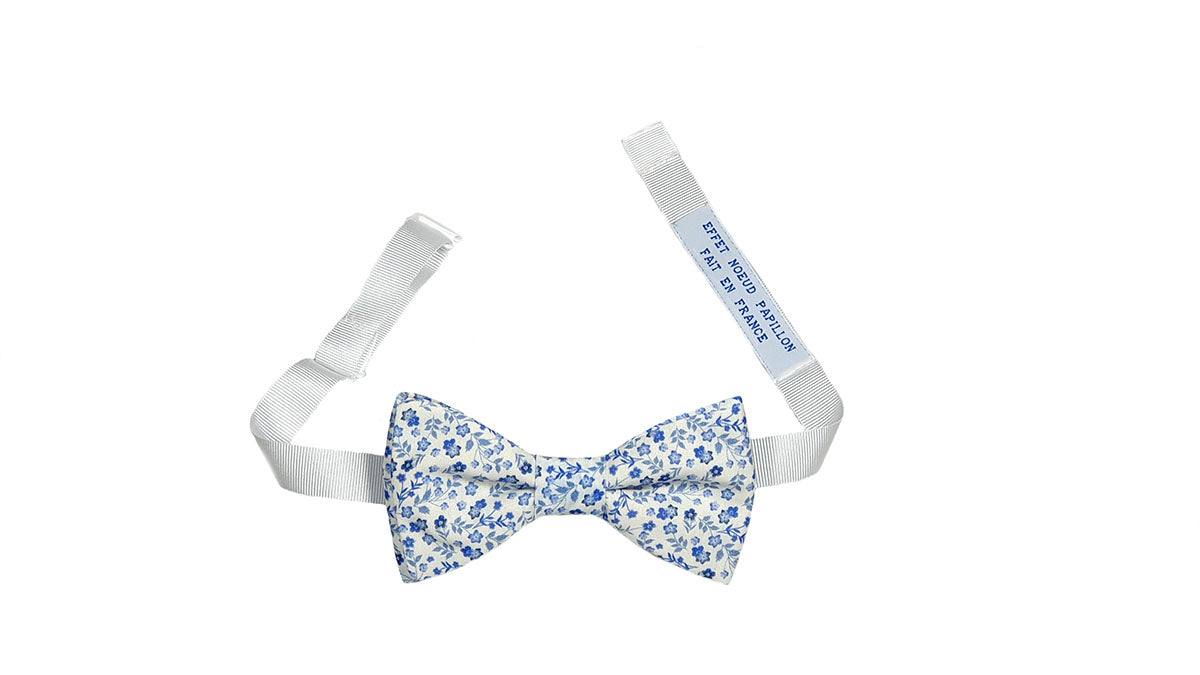 Noeud papillon blanc fleurs bleues - Effet Noeud Pap