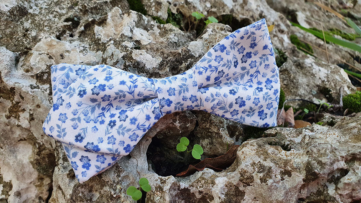 Noeud papillon blanc fleurs bleues - Effet Noeud Pap