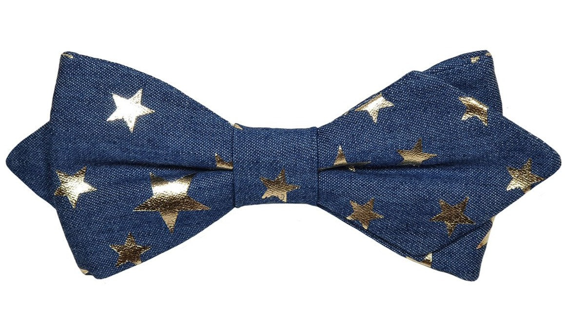 Nœud papillon bleu jean étoiles dorées