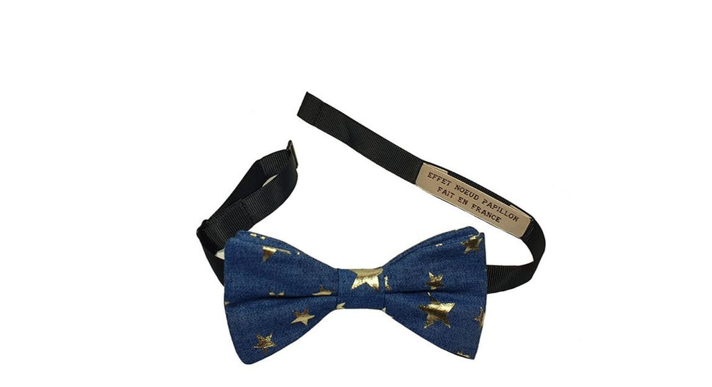 Noeud papillon en jean bleu clair, étoiles dorées - Effet Noeud Pap
