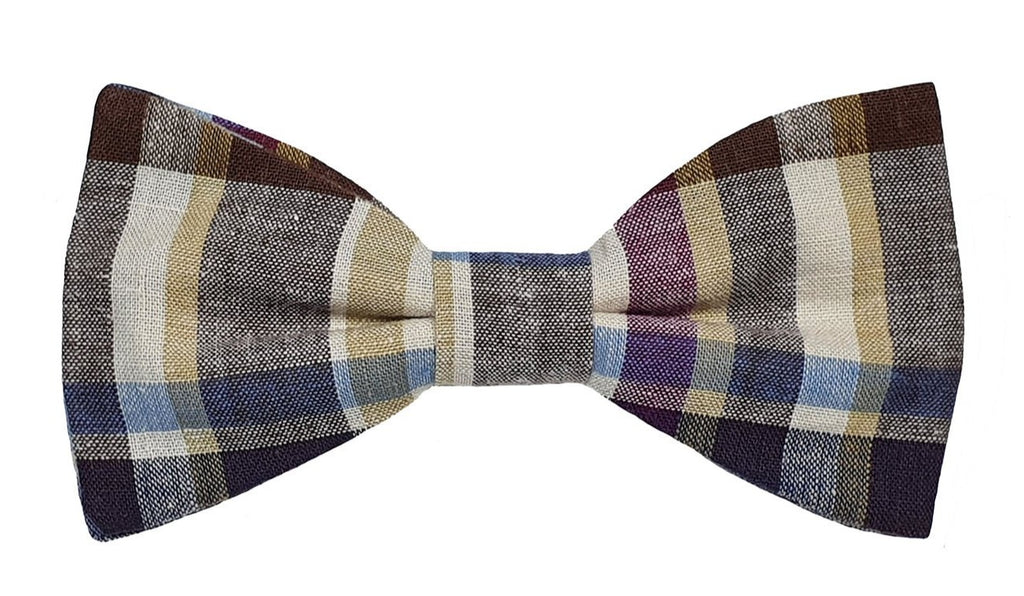 Nœud papillon à carreaux beige, prune et ciel