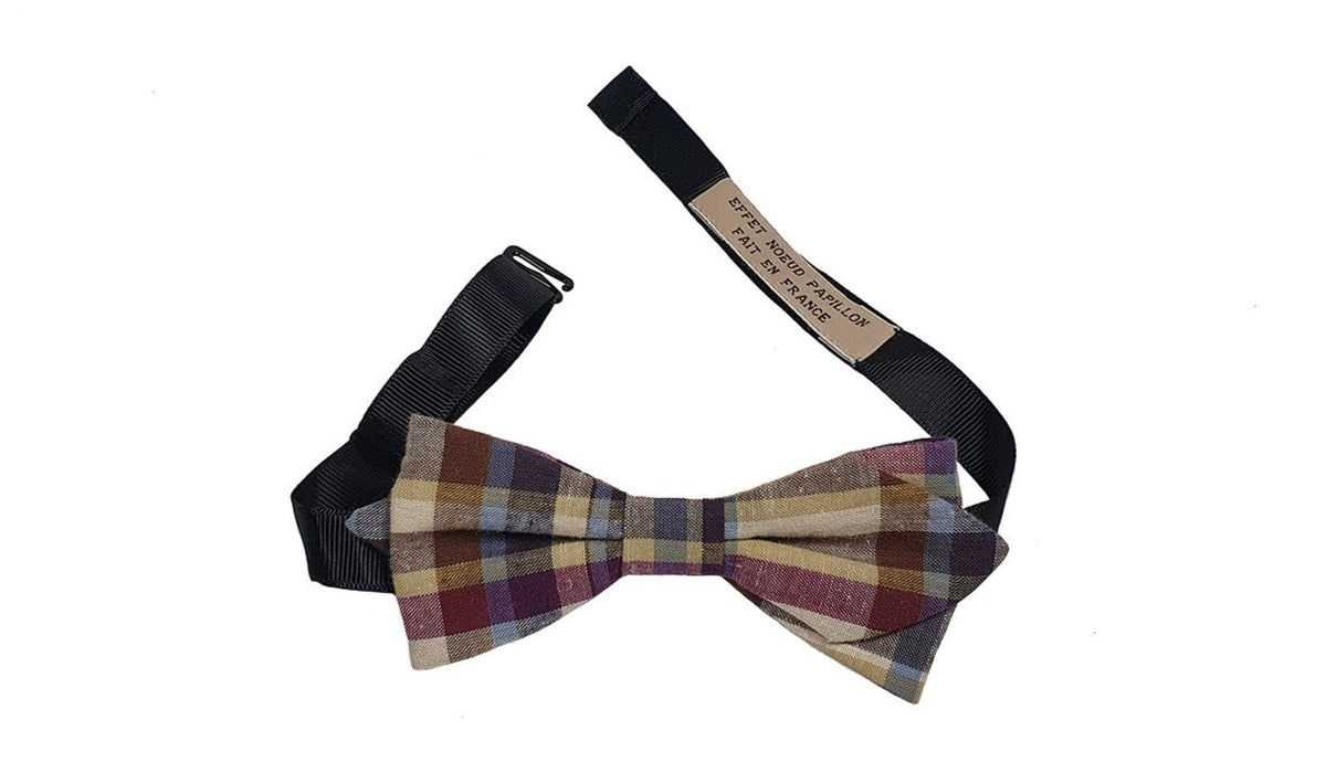 Noeud papillon à carreaux beige prune et ciel - Effet Noeud Pap