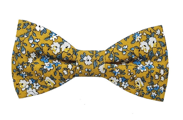 Noeud papillon Liberty jaune moutarde, bleu et blanc