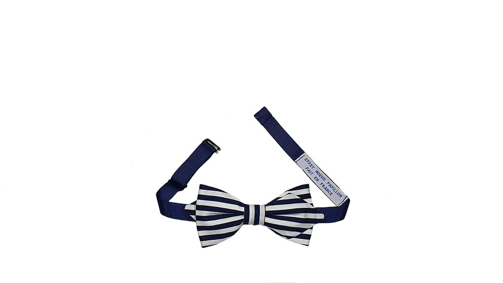 Noeud papillon larges rayures bleu marine et blanc