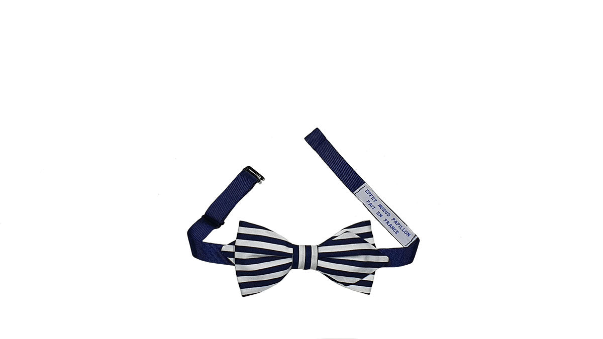 Noeud papillon larges rayures bleu marine et blanc
