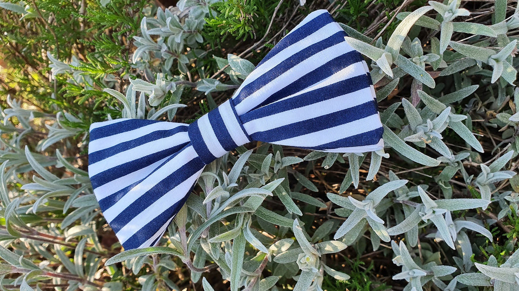 Noeud papillon larges rayures bleu marine et blanc