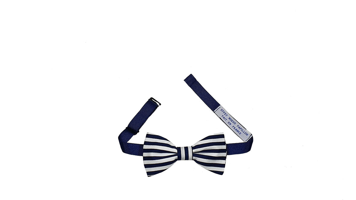 Noeud papillon larges rayures bleu marine et blanc